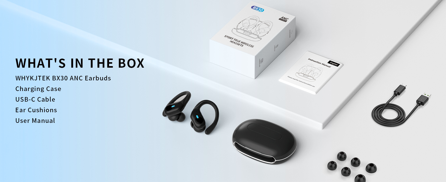 BX30 earbuds, charging case, USB-C cable, ear cushions, and manual