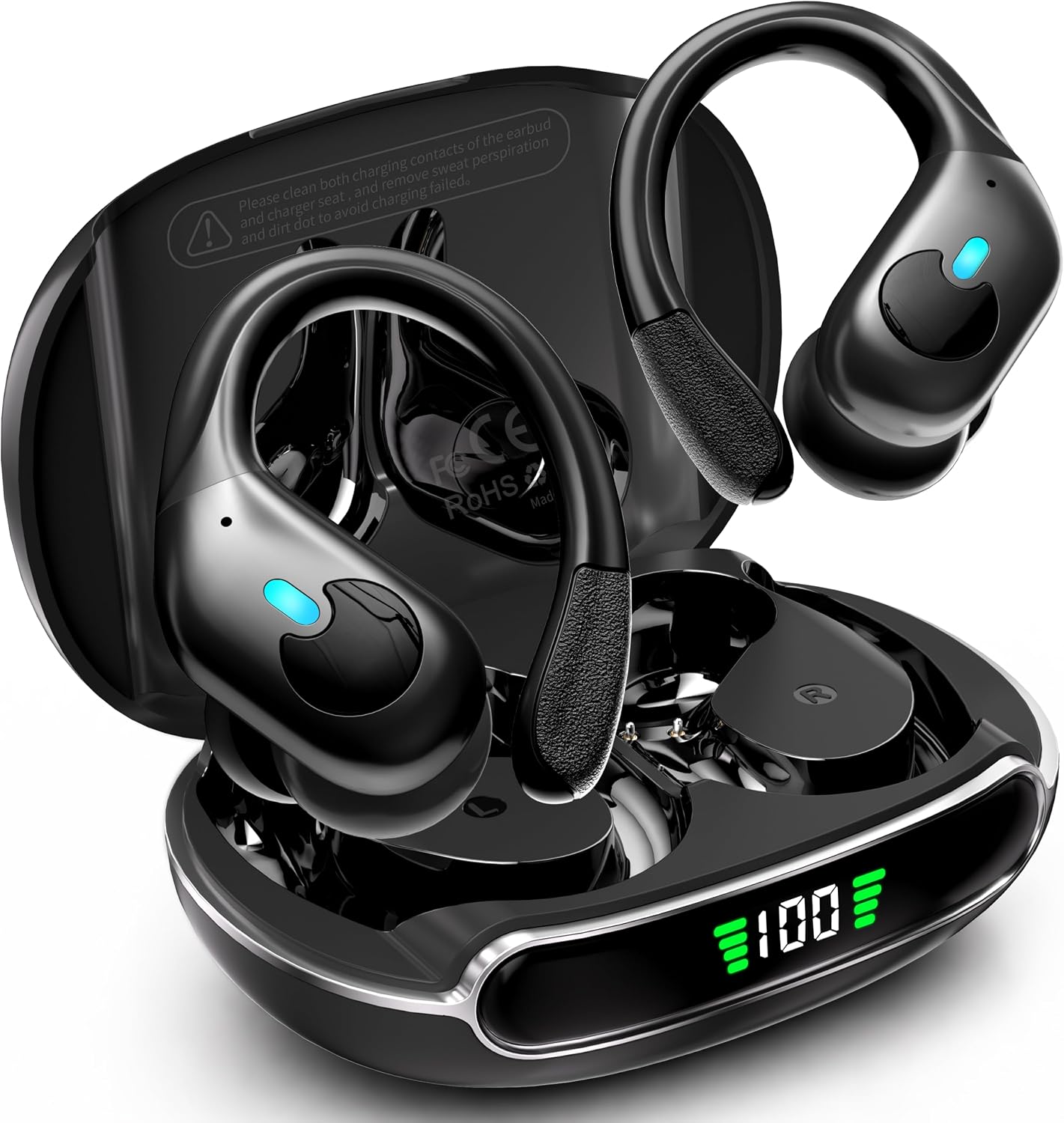 Black WHYKJTEK BX30 earbuds in their open LED charging case